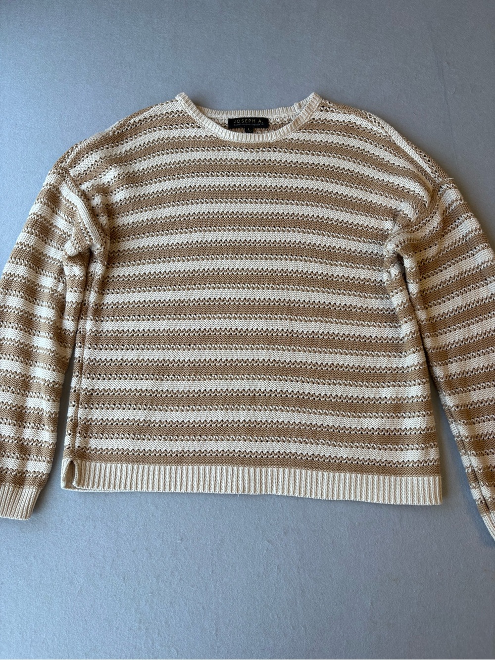 Vintage Y2K Joseph A. Open Knit Cotton Striped Sweater Cream & Tan sz L